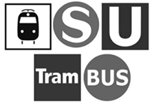 Symbole für öffentliche Verkehrsmittel: Zug, S-Bahn, U-Bahn, Tram und Bus
